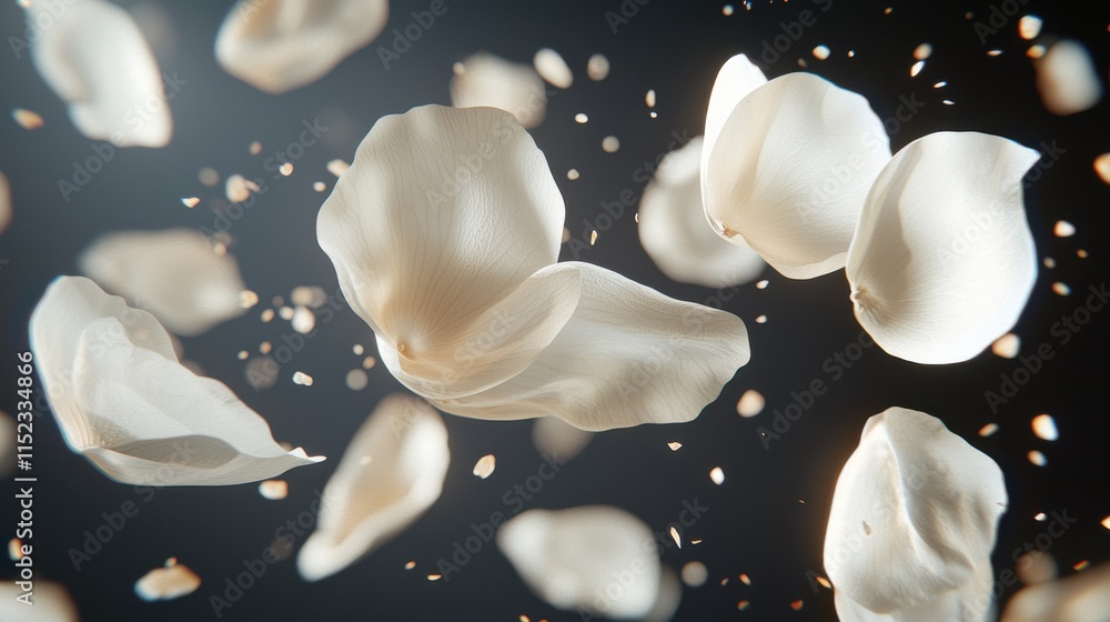 Poster floating white petals representing sadness abstract art studio environment close-up view emotional c