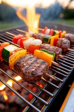 Deliciosas brochetas de kebab con salsa de granada listas para disfrutar en una parrilla