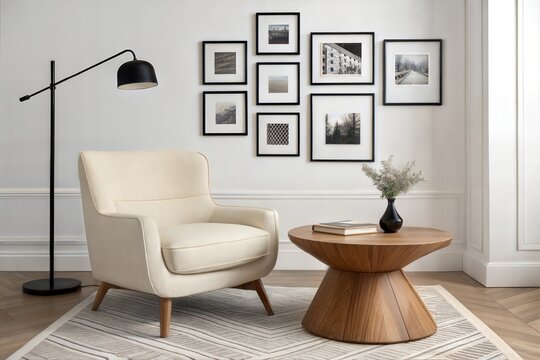 Chic Scandinavian room with a cream armchair, a unique asymmetrical wooden coffee table, a monochromatic gallery wall, and an elegant black floor lamp