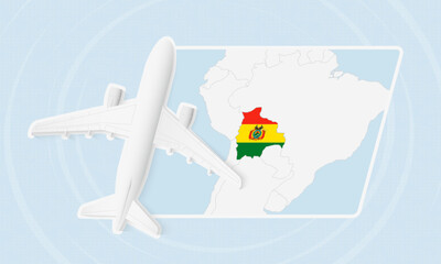 Bolivia Travel Illustration with Plane and National Flag. Airplane Flying Over Bolivia Map.