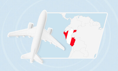 Peru Travel Illustration with Plane and National Flag. Airplane Flying Over Peru Map.