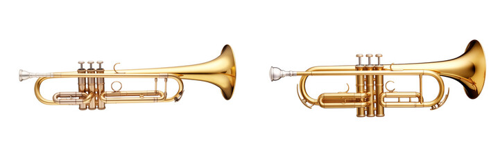 Set of a realistic golden trumpet, isolated on transparent background.