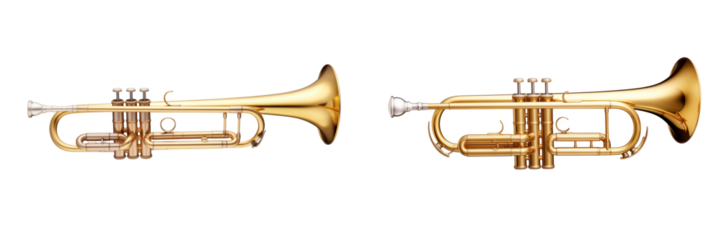 Set of a realistic golden trumpet, isolated on transparent background.