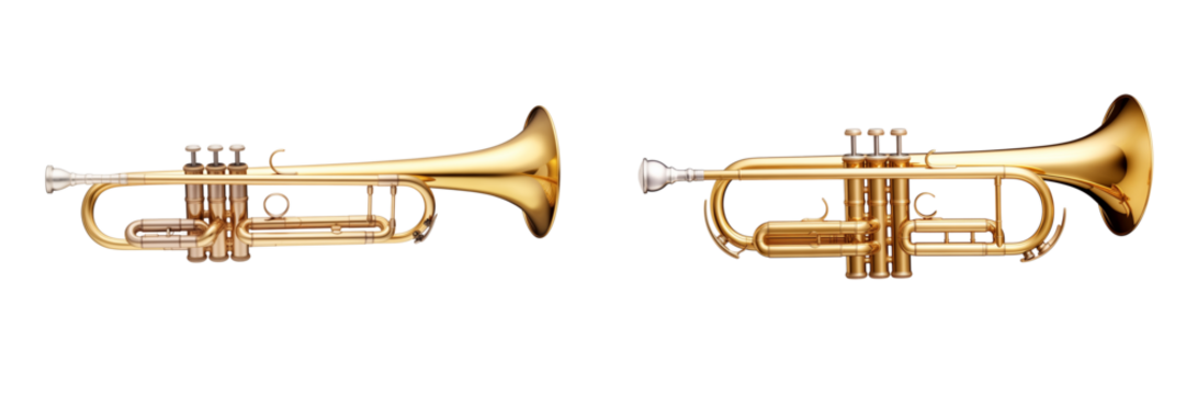 Set of a realistic golden trumpet, isolated on transparent background.
