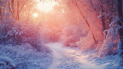 Fototapeta premium Snow-covered path through trees during sunset in a tranquil winter landscape