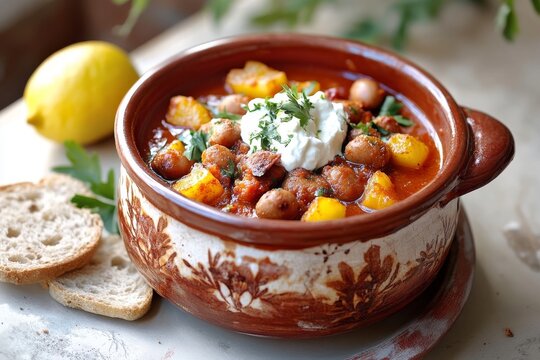 Plato tradicional de ful medames servido en un bol de cer&aacute;mica, con habas y acompa&ntilde;amientos frescos