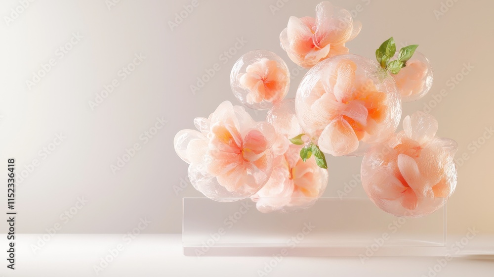 Poster floating peach fuzz spheres in abstract composition studio setting visual art minimalistic close-up 