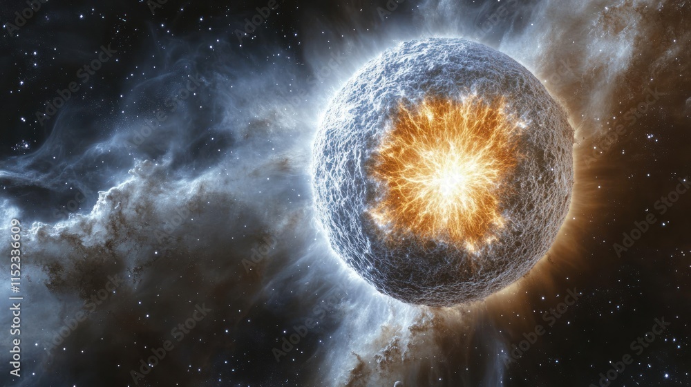 Poster exploding celestial body in space, fiery core visible through fractured surface.