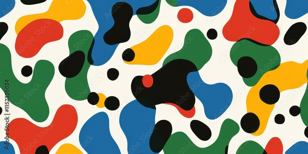 Poster pattern with digital camouflage, where colorful shapes and black dots create an abstract camouflage 