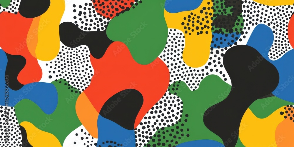 Poster pattern with digital camouflage, where colorful shapes and black dots create an abstract camouflage 