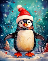 A Bubbly penguin with a Christmas hat on dancing in the snow