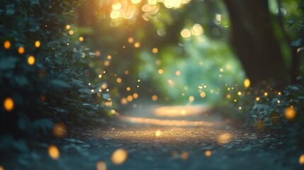 Enchanting fireflies illuminate serene forest path nature photography evening glow tranquil environment dreamy perspective