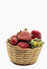 Ripe Strawberry in a Bamboo Basket Isolated on White Background with Copy Space