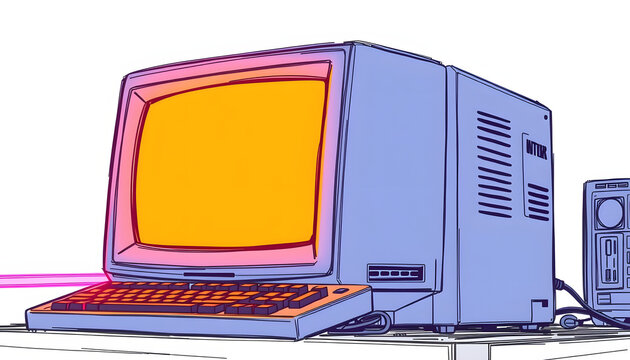 A vintage computer with a CRT monitor and neon color lights, reminiscent of 80s or 90s technology, perfect for retro-themed designs or nostalgia-inducing content, color sketch, with white tones