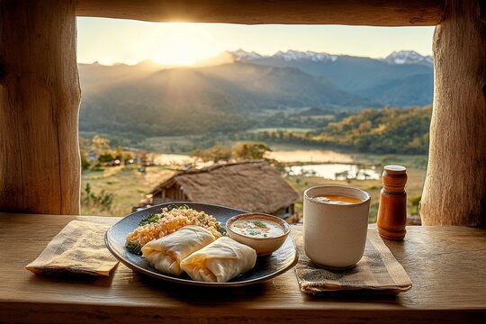 Hojas de parra rellenas servidas con guarnici&oacute;n y bebida, con un paisaje monta&ntilde;oso al atardecer