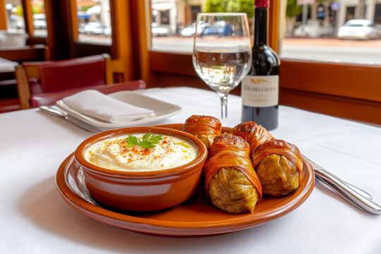 Deliciosas dolmas de hojas de parra rellenas, servidas en un plato con un toque de yogurt