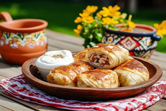 Dolmas de hojas de parra rellenas servidas en un plato de madera con acompa&ntilde;amiento
