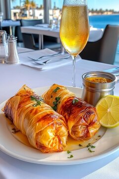 Deliciosas hojas de parra rellenas acompa&ntilde;adas de una bebida refrescante en un ambiente elegante junto al mar
