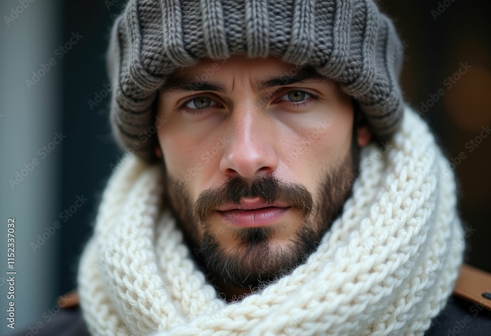 Wall mural A man with a beard and knitted hat and scarf looks intensely at the camera.