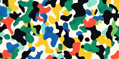 pattern with digital camouflage incorporates primary hues of green, yellow, blue, black, red, and white, using flat color Generative AI