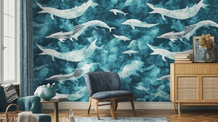 Whimsical dolphin mural cozy living room interior design aquatic theme artistic viewpoint home decor inspiration