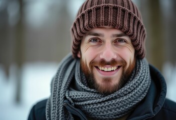 Smiling man wearing a brown knitted hat and grey scarf