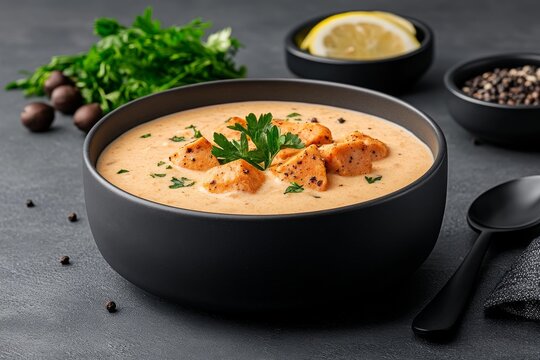 Plato de chorba beida servida en un cuenco negro sobre una mesa con ingredientes frescos