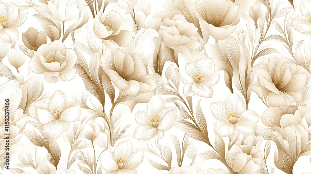 Poster seamless pattern showcases intricate line art of tulips and daffodils, perfect for textiles, wallpap