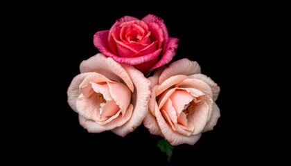 Three vintage roses on a black background, dreamy atmosphere, with white tones