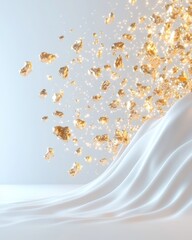 Glowing gold nuggets erupting from white fabric abstract art studio setting bright illumination