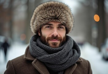 A man with a beard and a fur hat smiles warmly in the snow.