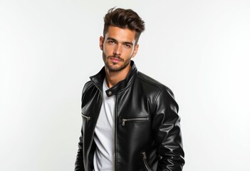 Obraz premium A man with a short beard wearing a black leather jacket looking straight ahead.