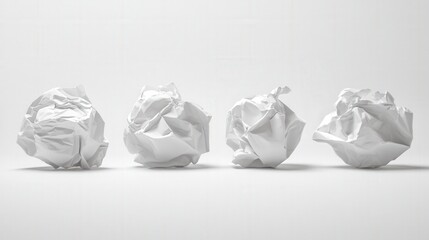 four crumpled balls of white paper on a white background