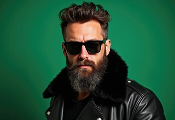 Obraz premium Man with a beard and sunglasses in a leather jacket.