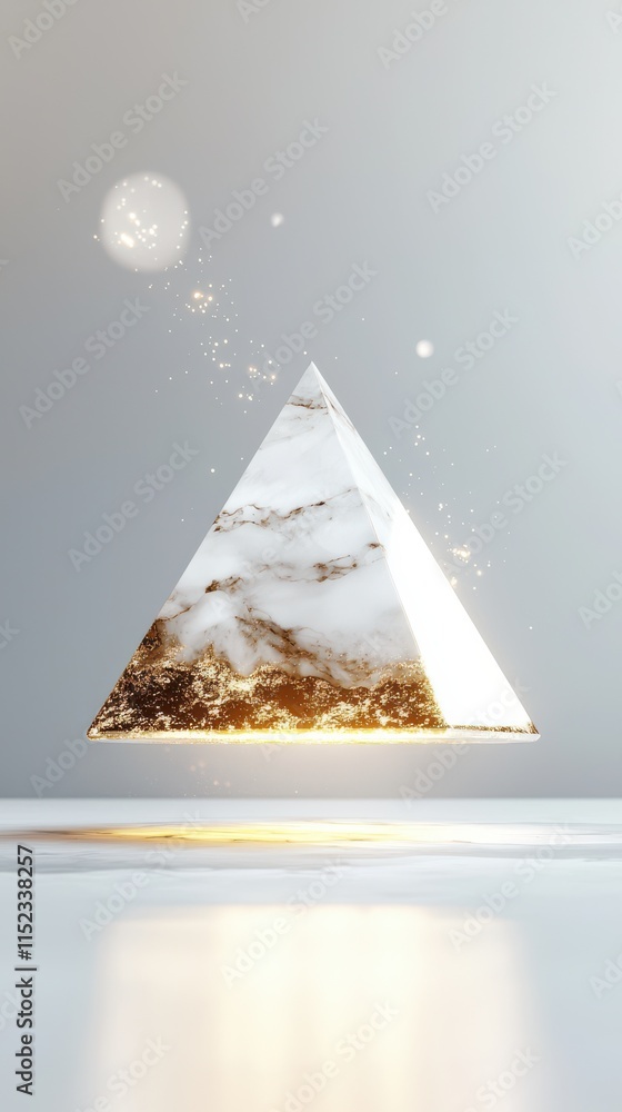 Poster floating abstract pyramid of white and gold glow digital art minimalistic style studio environment e