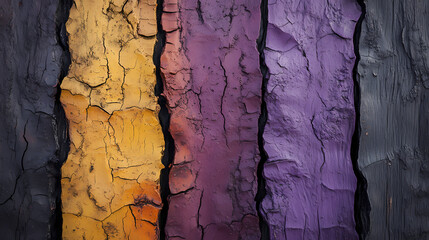 A tight shot of three colors - purple, orange, and yellow - on a weathered wood piece, mimicking a tree bark fissure. Fissure. Illustration