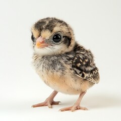 Obraz premium Small chick stands on a clean surface, showcasing its soft feathers and inquisitive expression