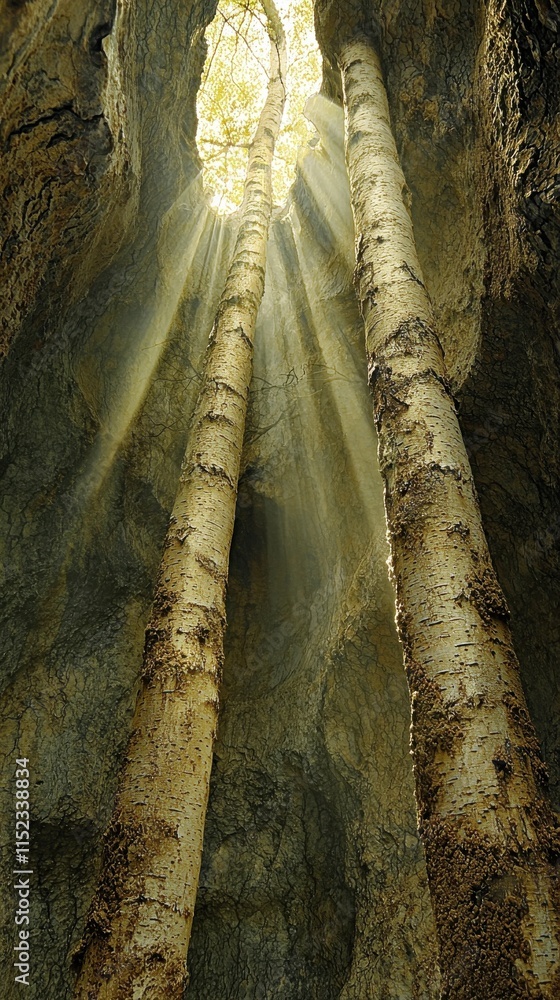 Poster majestic sunlight filtering through abstract tree trunks in mocha shades forest location nature tran
