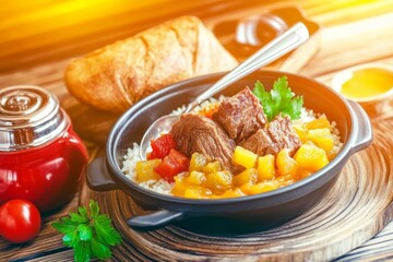 Tagine de ternera con membrillo servido sobre arroz acompañado de pan fresco