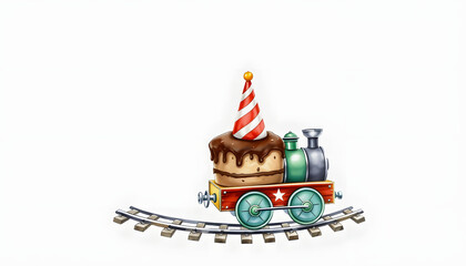Obraz premium Watercolor vintage children toy miniature round railway with train, piece of chocolate birthday cake and cone hat isolated on white background. Hand drawn illustration sketch, doodle art