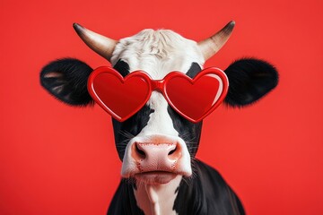 A funny cow in heart sunglasses stands out on a bright red background for Valentine's Day. Love, romance, hearts, affection,togetherness, Valentine's Day celebration concept.