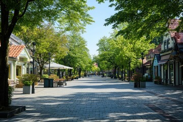 Obraz premium Tranquil Alleyway Surrounded by Lush Green Trees and Charming Shops Beneath a Bright Blue Sky in a Picturesque Outdoor Setting