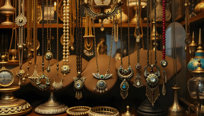 vintage necklaces and jewelry for sale in the antique shop, hyperrealism, with white tones