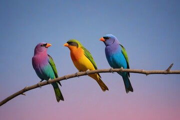 three colorful birds perched on a branch against a blue sky