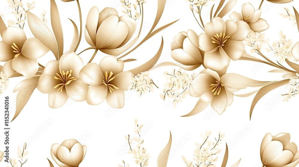 Poster seamless pattern showcases intricate line art of tulips and daffodils, perfect for textiles, wallpap