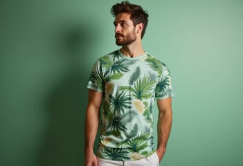 Man in green tropical print shirt looking to the left