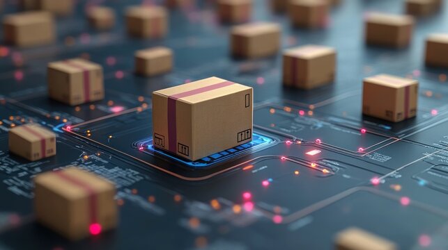 A single cardboard box sits at the center of a digital circuit board surrounded by many others, representing global e-commerce logistics and delivery.