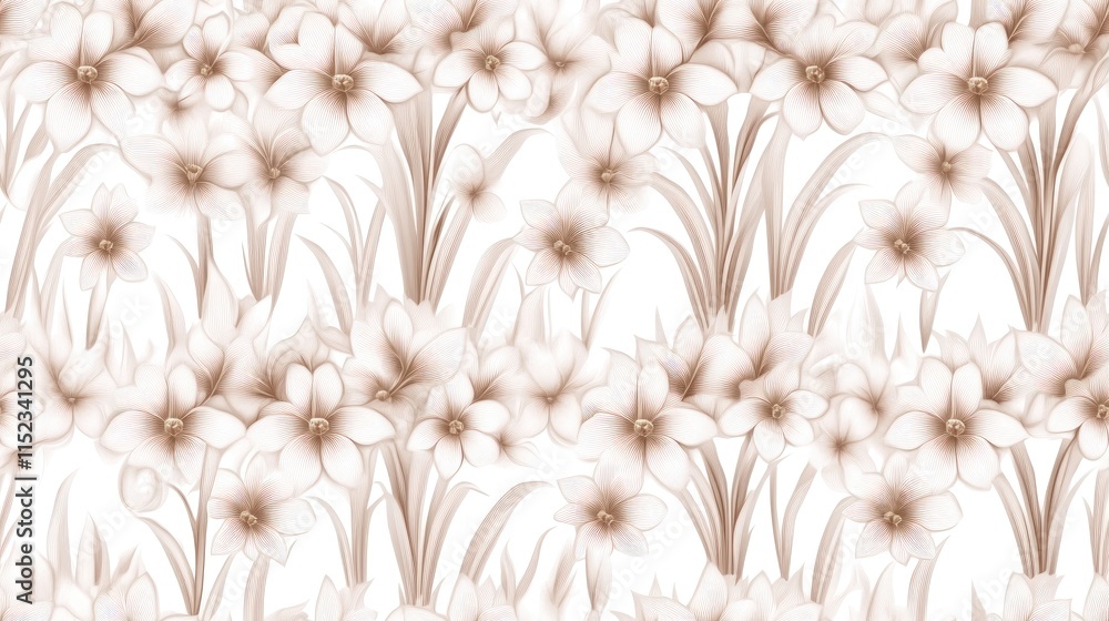 Poster seamless pattern showcases intricate line art of tulips and daffodils, perfect for textiles, wallpap