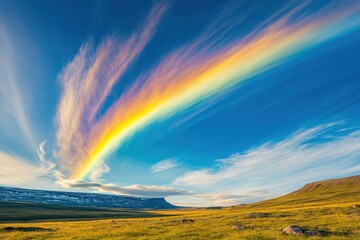 Obraz premium a vibrant rainbow arches across a blue sky over a grassy landscape
