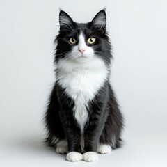 A black and white cat sits upright, gazing at the camera with bright eyes